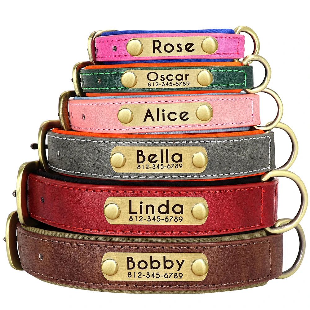 Personalized Leather Dog Collar with Engraved ID Tag